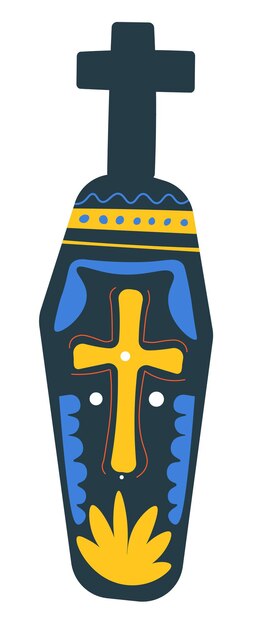 Símbolos del día de muertos de la fiesta mexicana, ataúd aislado con cruz y adornos. lápida con líneas decorativas, lápida o escultura con cuerpo. vector tradicional de méxico en estilo plano