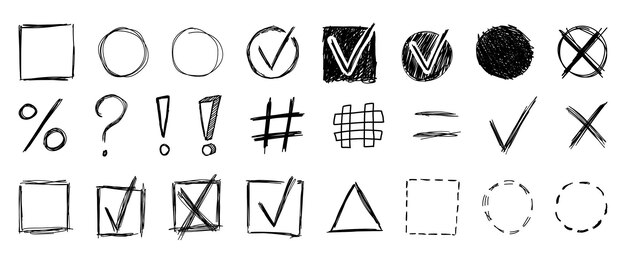 Símbolos dibujados a mano marca de marco Doodle Cruz y marcas de comprobación Cajas cuadradas y marcos circulares Manuscrito