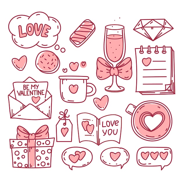 Símbolos dibujados a mano de San Valentín, colección de doodle, símbolos de vacaciones