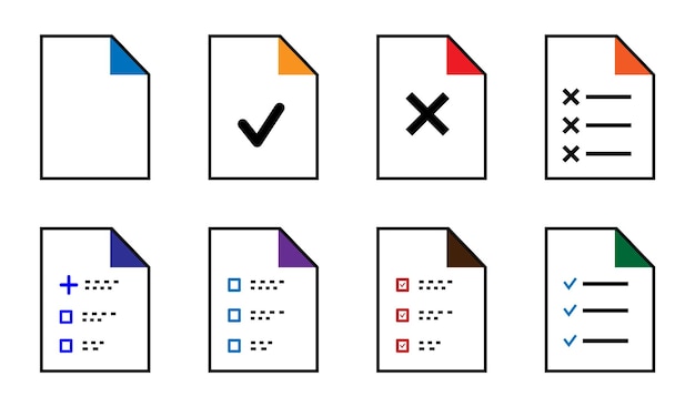 Símbolos de documentos Diseño aprobado de la marca de comprobación Símbolo de colección de íconos de documentos