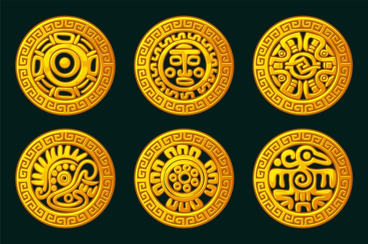 Vector símbolos dorados mayas o aztecas en el marco ornamental símboles dorados para su juego 2d o juegos de tragamonedas