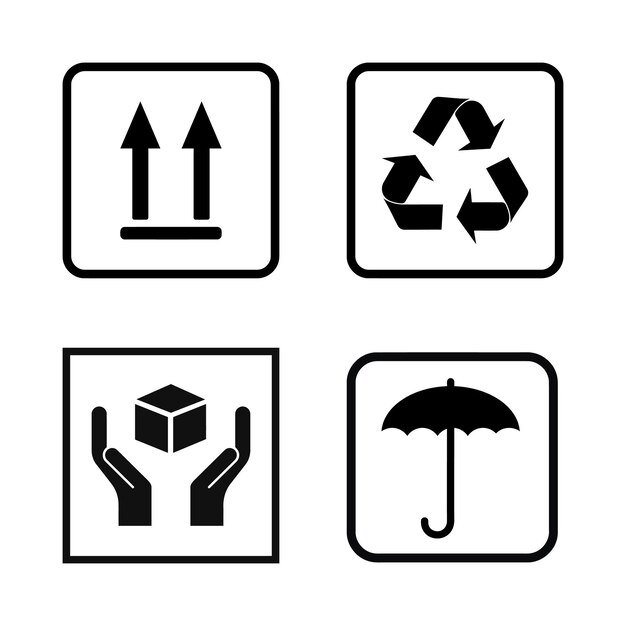Símbolos de embalaje para el envío y la manipulación de artículos frágiles con cuidado, reciclaje y protección contra la humedad