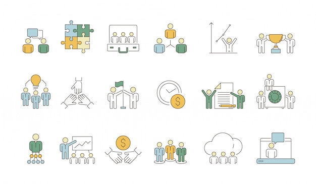 Símbolos del equipo de negocios. Trabajo de oficina de la organización del grupo de personas líder de coworking multitud iconos delgados de colores