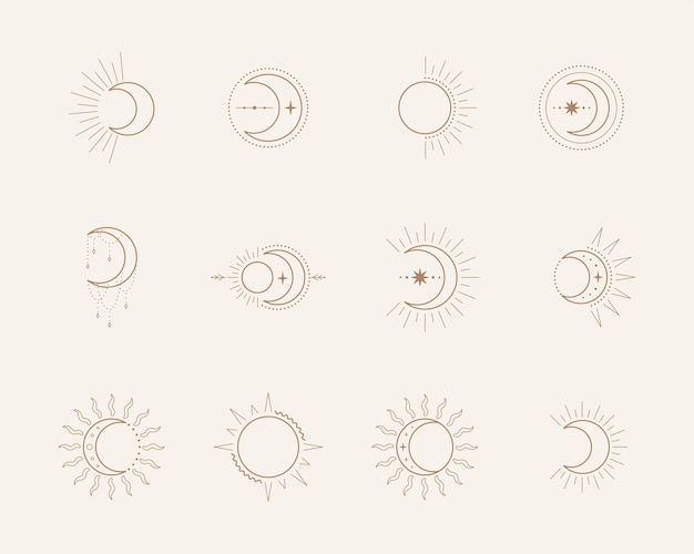 Símbolos esotéricos con luna y sol. Celestial canta. ilustración en estilo boho