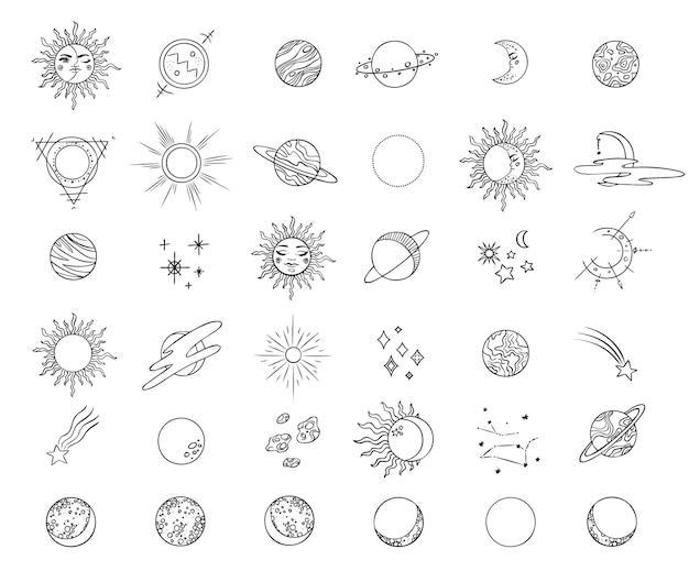 Símbolos esotéricos con la luna y el sol Signos celestiales Ilustración vectorial