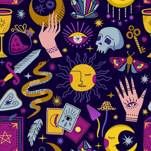 Símbolos esotéricos vector de patrones sin fisuras Boho fondo de bruja mística Textura mágica sin costuras
