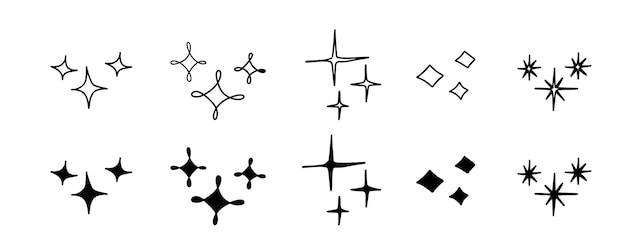 Símbolos de estrellas centelleantes Doodle Sparkle. Conjunto de icono de estrella de brillo vectorial. Fuegos artificiales mágicos brillantes, brillantes