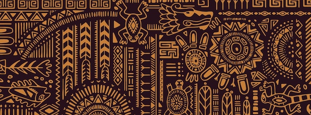 Símbolos étnicos elementos tribales antiguos formas patrón Azteca Mexicano Maya adornos diseño de fondo horizontal en estilo boho Decoración peruana Inca abstracta Ilustración vectorial dibujada a mano