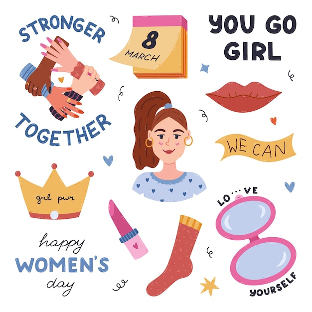 Símbolos de feminismo de dibujos animados de moda con puño hacia arriba retrato de dama labios corona de princesa tipografía dibujada a mano
