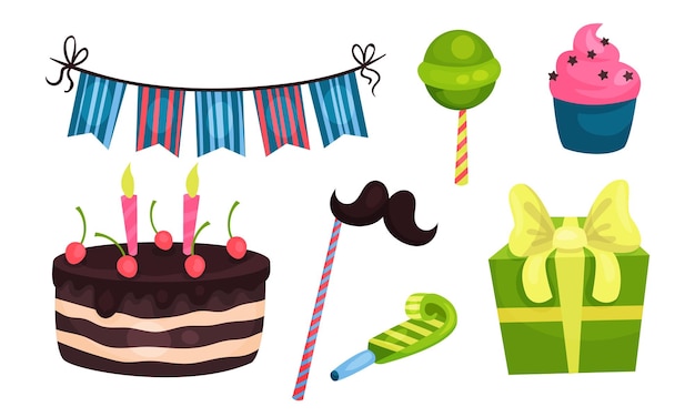 Símbolos de la fiesta de cumpleaños Conjunto vectorial Festivo Concepto colorido Magia de la celebración Día