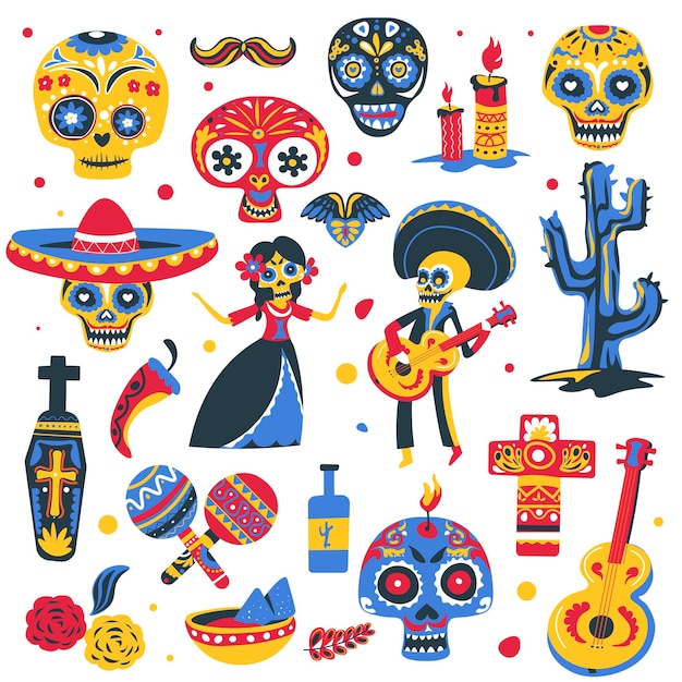 Símbolos de la fiesta mexicana del día de los muertos. esqueletos con instrumentos musicales vestidos con trajes, maracas y sombrero, comida tradicional y bigote. ataúd y cruz, vector de calavera en estilo plano