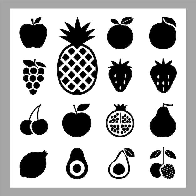 Símbolos de frutas elegante granada fresa papaya y melocotón