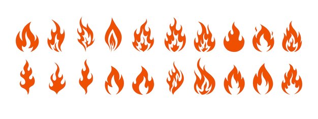 Símbolos de fuego icono aislado plano establecido en fondo blanco elemento silueta de llama
