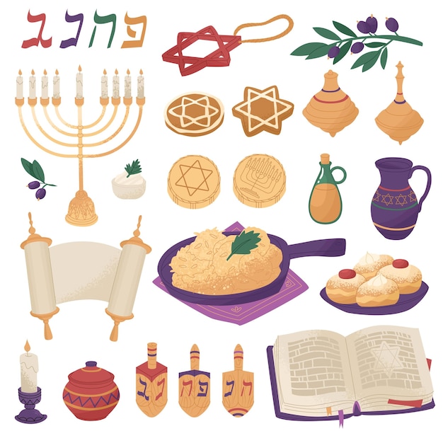 Vector símbolos en hebreo celebración de la fiesta judía tradicional hanukkah valores familiares y rituales religiosos ilustración vectorial aislada sobre fondo blanco
