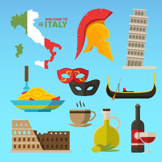 Vector símbolos históricos de roma italia. ilustraciones. viajes a italia y turismo italiano, hito de roma, espaguetis y monumento