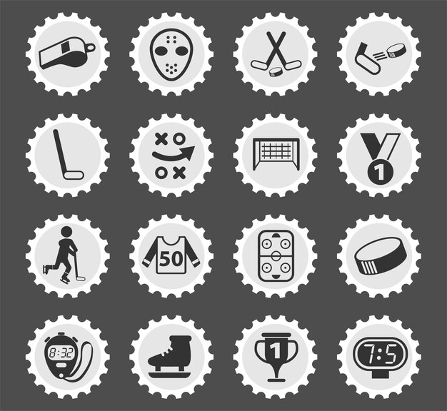 Símbolos de hockey en un sello postal redondo iconos estilizados