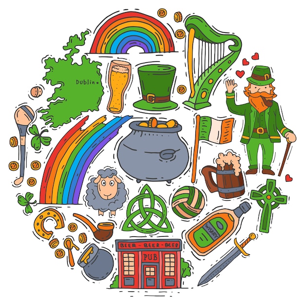 Símbolos de Irlanda doodle conjunto ilustración. Día de San Patricio, trébol, trébol, duende y pub irlandés.