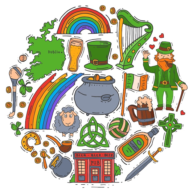 Vector símbolos de irlanda doodle conjunto ilustración. día de san patricio, trébol, trébol, duende y pub irlandés.