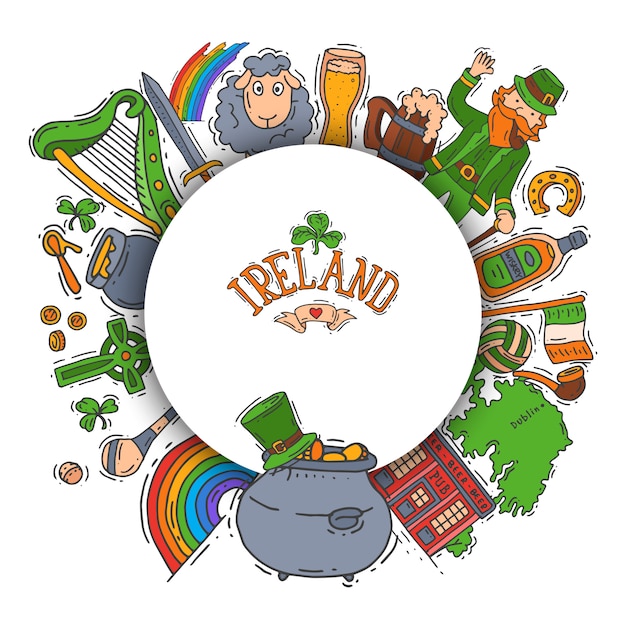 Símbolos de Irlanda doodle conjunto ilustración. Día de San Patricio, trébol, trébol, duende y pub irlandés.