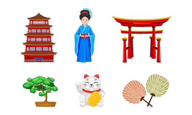 Símbolos de Japón con árbol bonsai y conjunto vectorial de chicas geishas
