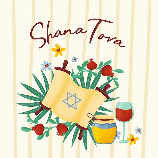 Vector símbolos judíos y bandera de la fiesta shanah tovah o año nuevo frasco de granada de jugo de miel o vino en el vaso en las flores y hojas verdes ilustración vectorial aislada en fondo beige