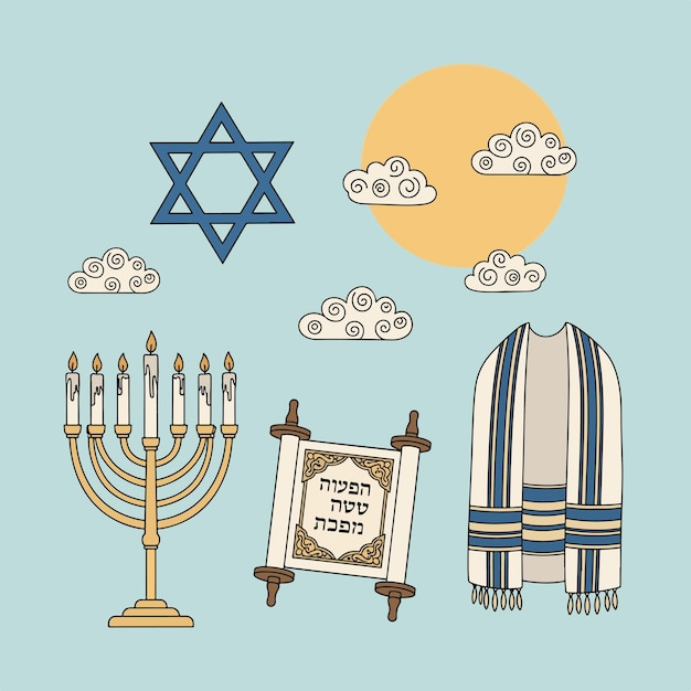 Símbolos judíos simples Ilustración Estrella de David Menorah Rollo de la Torá Tallit