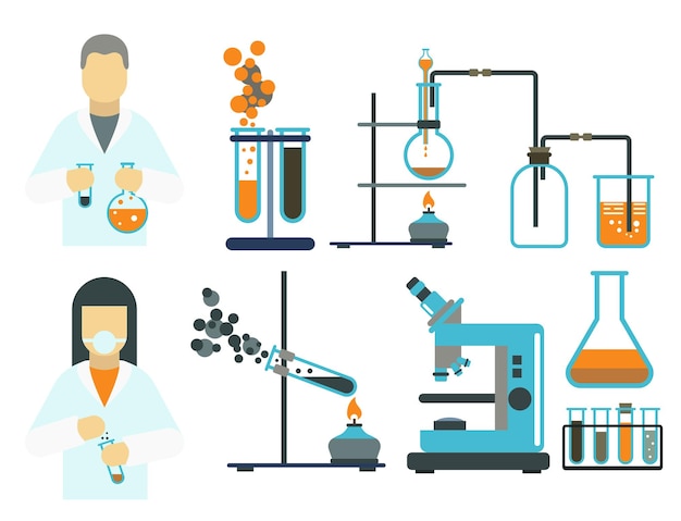 Símbolos de laboratorio prueba laboratorio médico diseño de biología científica ciencia química iconos vector illustr ...