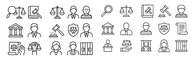 Símbolos legales iconos de salas de juicio y representaciones de justicia en un simple diseño en blanco y negro sobre un fondo claro