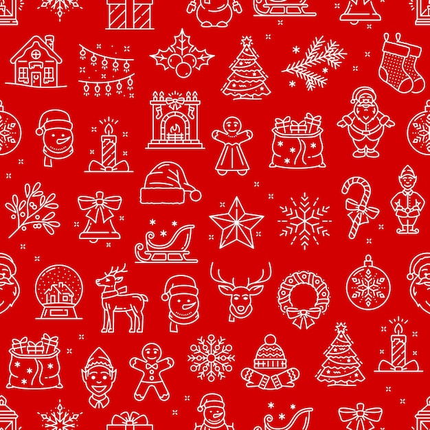 Símbolos de línea navideña de patrones sin fisuras Vector fondo rojo con contorno Santa corona copo de nieve campana y rama de pino Saco de regalos gnomo chimenea o linterna elfo muñeco de nieve ciervo y estrella