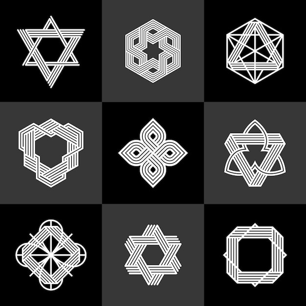Símbolos lineales geométricos abstractos conjunto vectorial elementos de diseño gráfico para la creación de logotipos líneas entrelazadas colección de iconos de estilo vintage