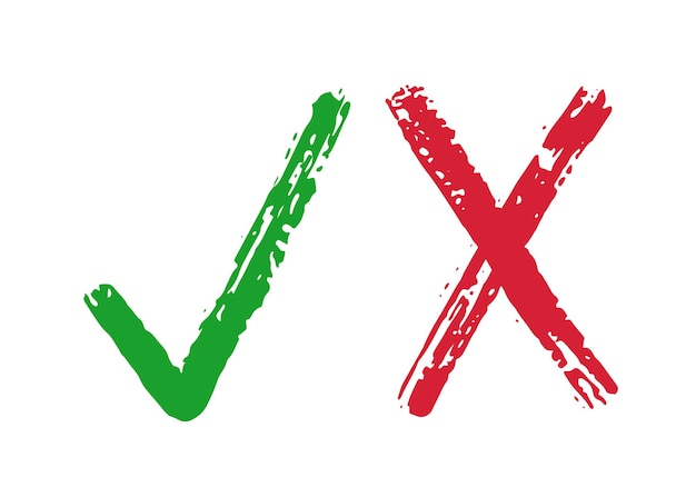 Símbolos de la lista de comprobación dibujados a mano Marca de comprobación verde y cruz roja Íconos vectoriales