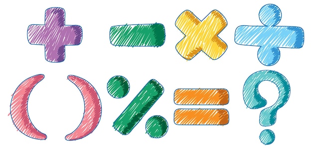 Símbolos matemáticos básicos en lápiz Color Sketch Estilo simple
