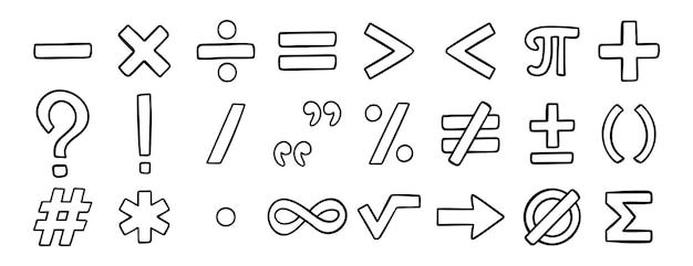 símbolos matemáticos dibujado a mano conjunto de iconos dibujado contorno línea clipart colección de símbolos