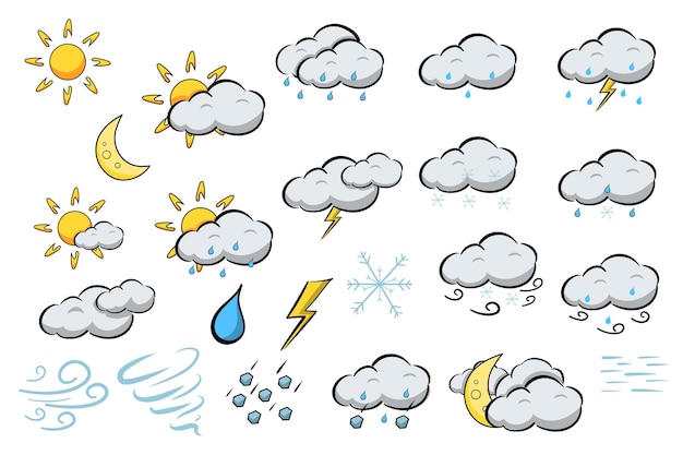 Símbolos meteorológicos mega conjunto en diseño plano Bundle elementos de sol luna nubes con lluvia relámpagos nieve viento tormenta meteorología pictogramas vectoriales ilustraciones objetos gráficos aislados
