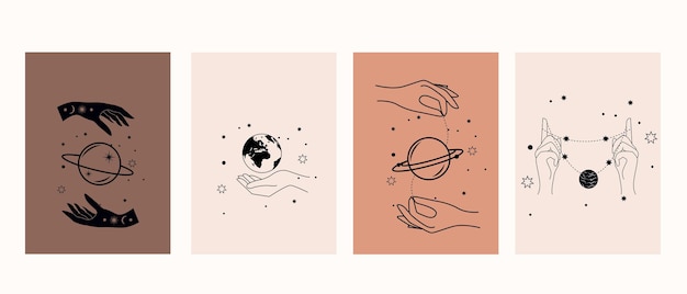 Símbolos místicos con manos, ojos, sol y luna. Colección de carteles mágicos.