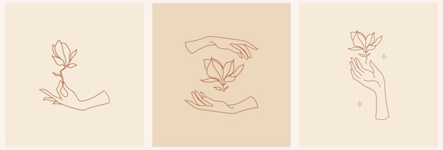 Símbolos de mujeres para cosméticos de moda para el cuidado de la piel Mano femenina con logotipo de plantilla de flor de magnolia vect
