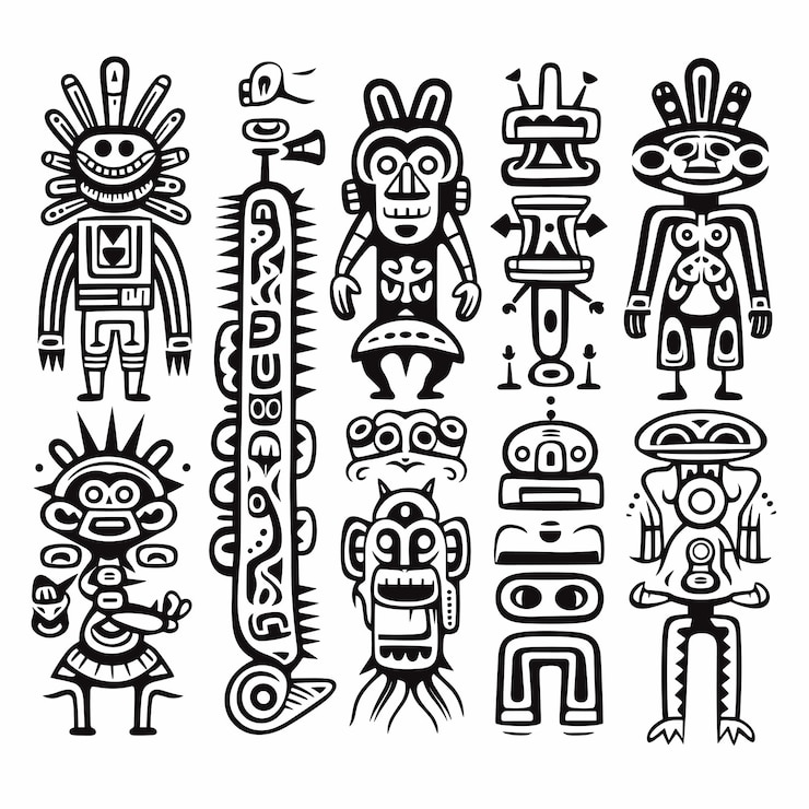 Vector símbolos nativos americanos azteca maya inca figurillas de las tribus nativas americanas tatuaje conjunto vectorial
