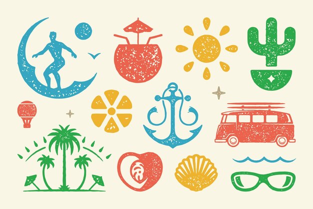 Símbolos y objetos de verano establecen ilustración vectorial sol brillante en isla tropical con palmeras y