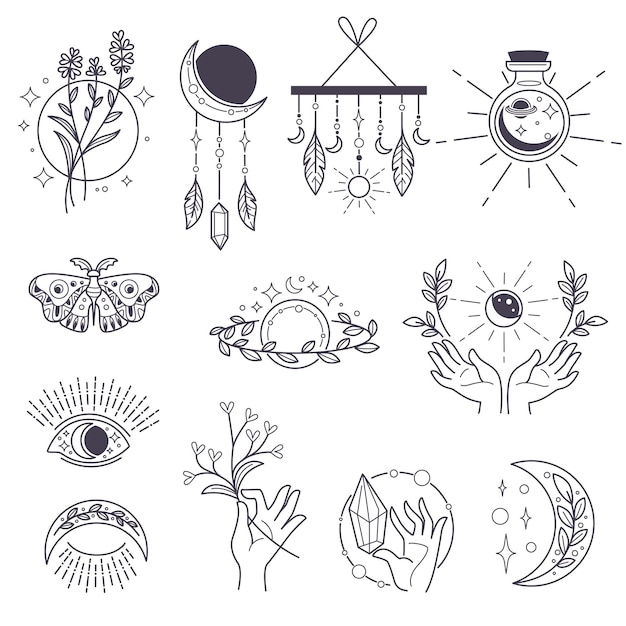Símbolos ocultos y signos mágicos, magia y brujería. Símbolos boho aislados