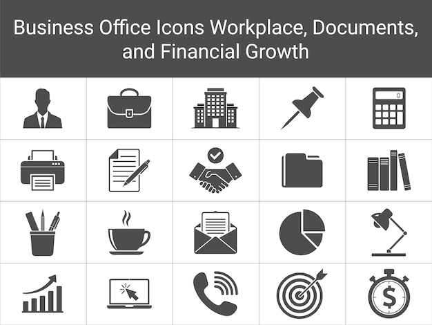 Símbolos de la oficina de negocios Lugar de trabajo Papelería Finanzas y Ilustración vectorial del icono del trato