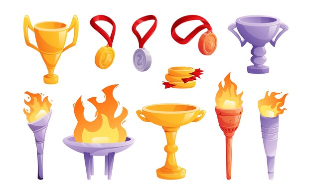 Símbolos olímpicos y premios para los ganadores Medallas de oro y plata Antorchas con fuego victorioso Conjunto de vectores aislados en ilustraciones de dibujos animados blancos