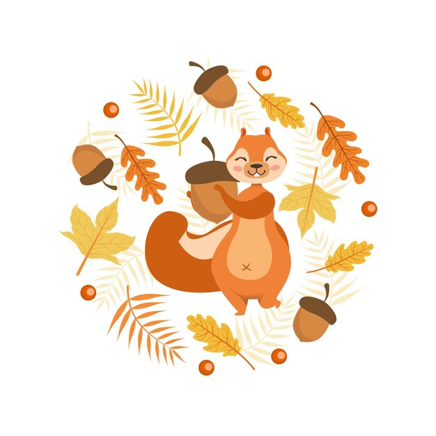 Vector símbolos de otoño de forma redonda cute ardilla con bellota rodeada de hojas coloridas ilustración vectorial