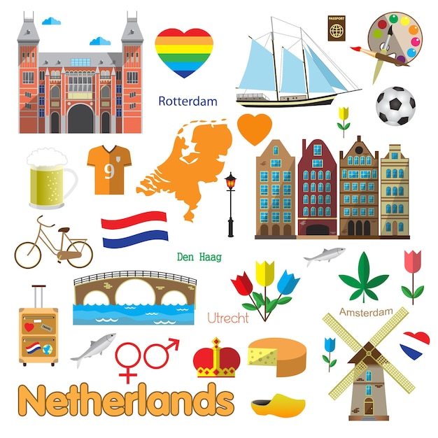 Símbolos de los Países Bajos e íconos de viajes de Holanda