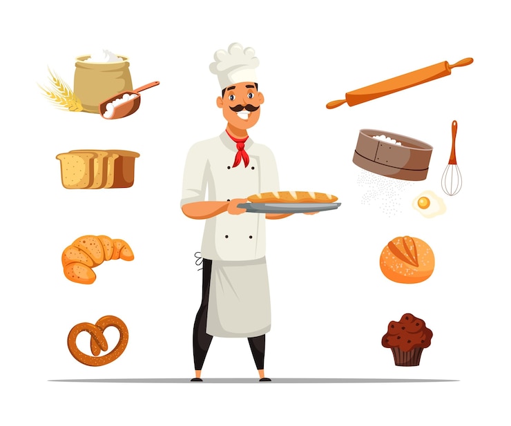 Vector símbolos de panadería con panadero feliz con personaje de dibujos animados de baguette pretzel de croissant de pan fresco e ingredientes para hornear muffins y equipo rodillo y tamiz de harina