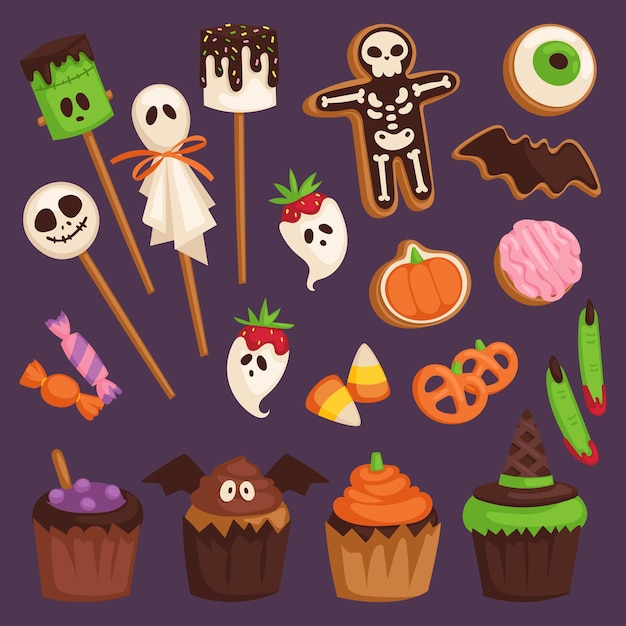 Símbolos de pastel de galleta de Halloween de comida para ilustración de vector de fiesta espeluznante