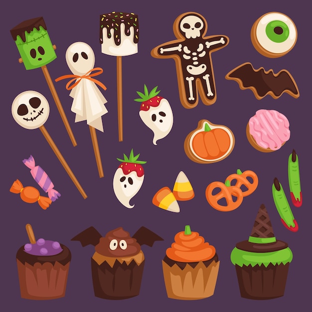 Símbolos de pastel de galleta de halloween de comida para ilustración de vector de fiesta espeluznante