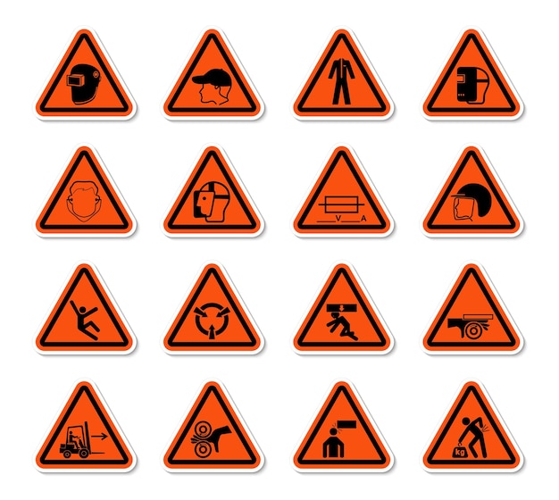 Símbolos de peligro de advertencia triangulares etiquetas Signo aislado en fondo blanco Ilustración vectorial