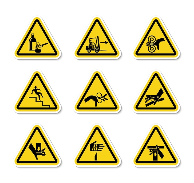 Símbolos de peligro de advertencia triangulares etiquetas Signo aislado en fondo blanco Ilustración vectorial