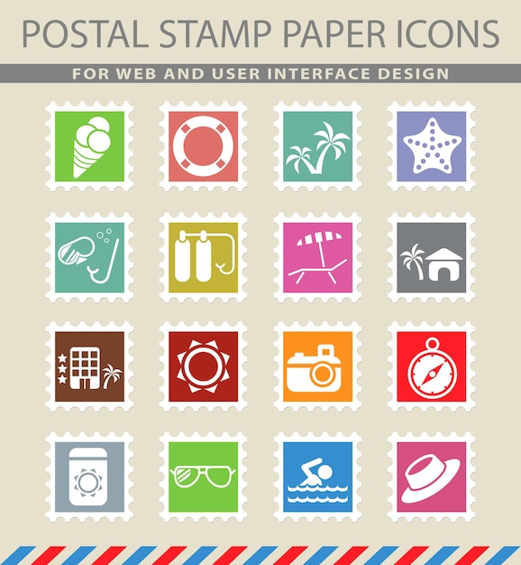 Símbolos de playa en los iconos de papel de correo