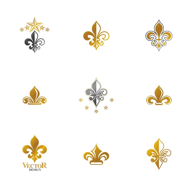 Símbolos reales Conjunto de emblemas de flores de lirio. Colección de elementos de diseño vectorial heráldico. Etiqueta de estilo retro, logotipo heráldico.